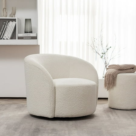 KINWELL 34" W Upholstered Boucle Swivel Barrel Accent Chair Cream