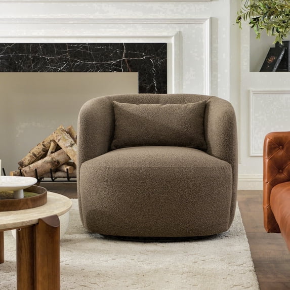 34" Wide Teddy Brown Bouclé Swivel Barrel Accent Chair with Pillow, Modern Upholstered Armchair