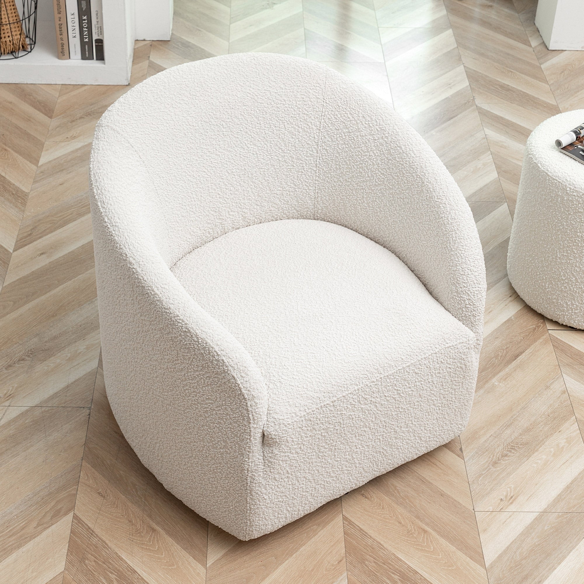 White Boucle Upholstered Swivel Barrel Accent Chair