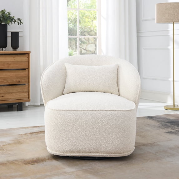 KINWELL Cream Modern Boucle Upholstered Accent Swivel Armchair