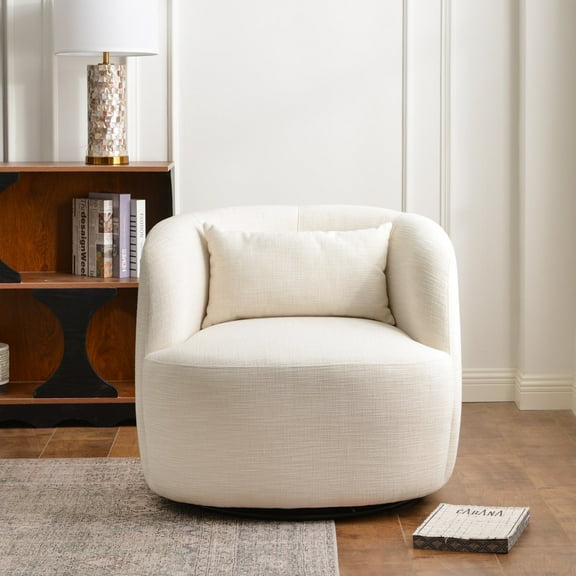 KINWELL Linen Blend Swivel Barrel Chair, No Assembly Upholstered 34" Wide Breathable Textured Weave Fabric Accent Chair for Living Room Office Lounge, Ivory