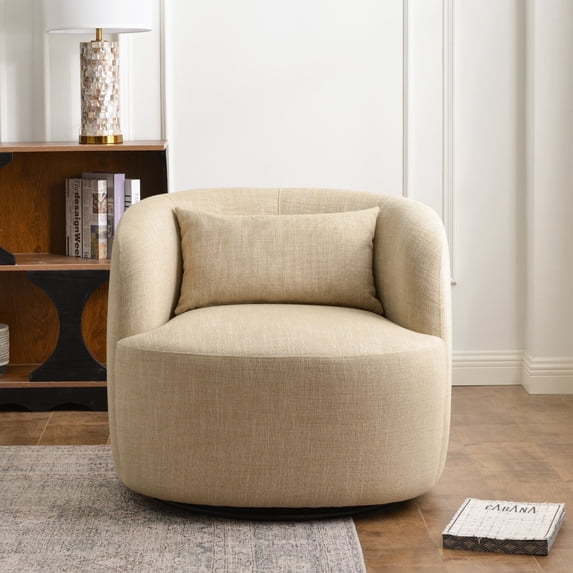 KINWELL Linen Blend Swivel Barrel Chair, No Assembly Upholstered 34" Wide Breathable Textured Weave Fabric Accent Chair for Living Room Office Lounge, Wheat