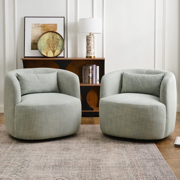 KINWELL Linen Blend Swivel Barrel Chair Set of 2, No Assembly Upholstered 34" Wide Breathable Textured Weave Fabric Accent Chair for Living Room Office Lounge, Light Teal Multi