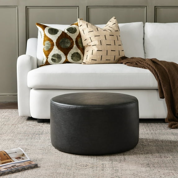 KINWELL Modern Faux Leather Round Upholstered Ottoman, Multi-Functional Sofa Footrest, Side Table, Extra Seating for Living Room, Bedroom (Black, 24" D x 24" W x 13" H)