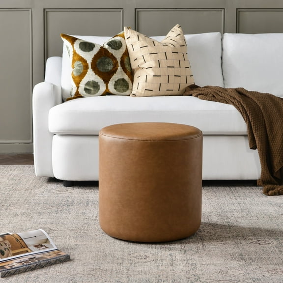 KINWELL Modern Faux Leather Round Upholstered Ottoman, Multi-Functional Sofa Footrest, Side Table, Extra Seating for Living Room, Bedroom (Camel, 18" D x 18" W x 18.3" H)