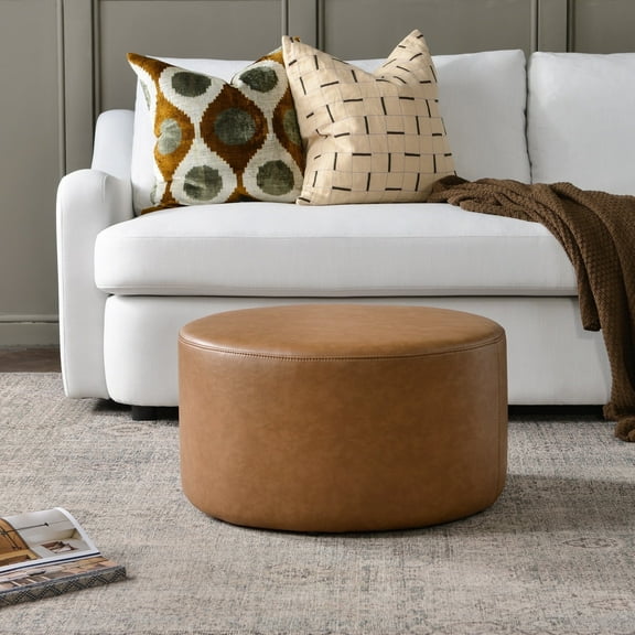 KINWELL Modern Faux Leather Round Upholstered Ottoman, Multi-Functional Sofa Footrest, Side Table, Extra Seating for Living Room, Bedroom (Camel, 24" D x 24" W x 13" H)