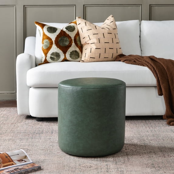 KINWELL Modern Faux Leather Round Upholstered Ottoman, Multi-Functional Sofa Footrest, Side Table, Extra Seating for Living Room, Bedroom (Green, 18" D x 18" W x 18.3" H)