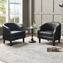 KINWELL Set of 2 Upgraded 29-inch Barrel Club Chairs, Sloped Arm Design for Small Spaces, Double Row Nailhead Trim, Faux Leather Accent Chairs with Solid Wood Legs for Living Room (Black)