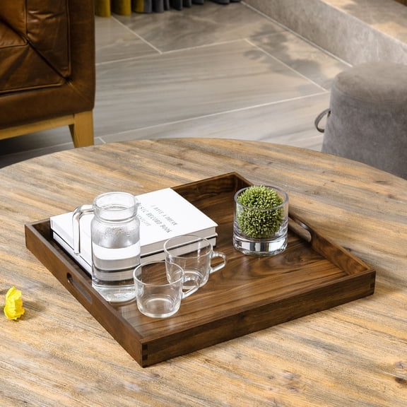 KINWELL Square Black Walnut Wood Serving Tray Ottoman Tray with Handles 19"x19"x2"