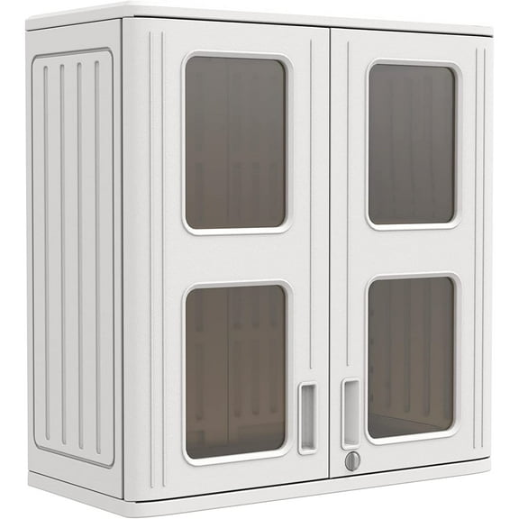 KINYING Outdoor Storage Cabinet Waterproof,Resin Garage and Laundry Room Wall Mounted Cabinets,Outdoor Storage Box with Doors and Shelves,White