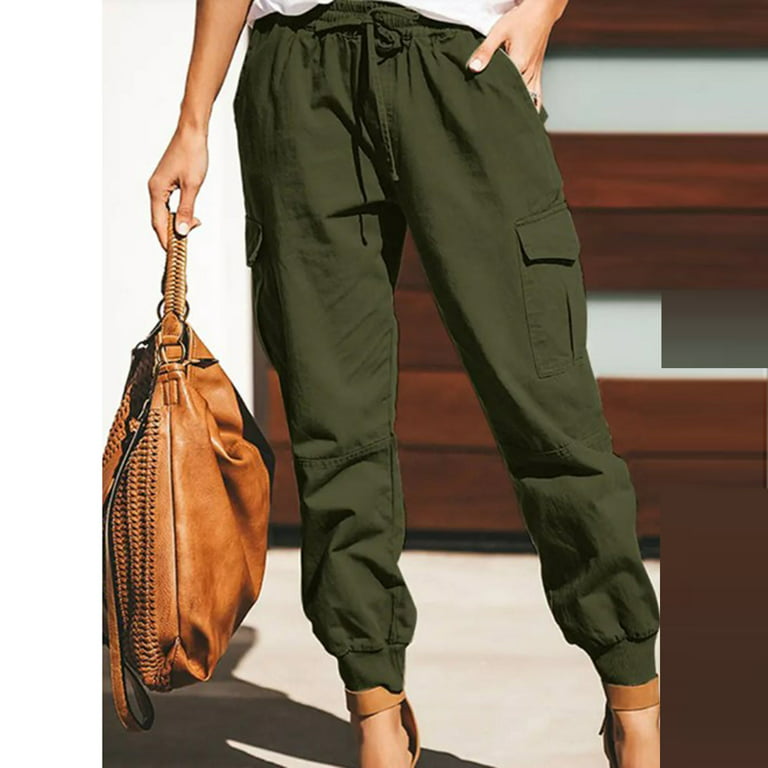 KIOFXFCB Paper Bag Pants Women High Waist StylishWomen Plus Size Drawstring  Casual Solid Elastic Waist Pocket Loose Pants Ql3877