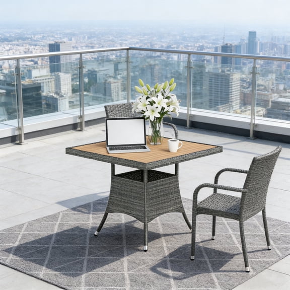 KIOOTTO 35" Square Outdoor Dining Table, Patio Table with Acacia Wood Top & Gray PE Rattan, All-Weather Wicker Furniture for Garden & Poolside