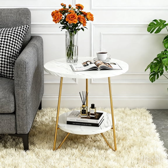 KIOOTTO 19" Round Faux Marble End Table, 2-Tier Side Table with Gold Hairpin Legs