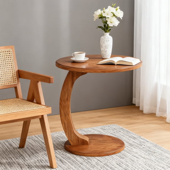 KIOOTTO 18.89" Small Round C-Shaped End Table: retro boho, waterproof scratch-resistant wood; slides under furniture, fits small rooms; easy assembly with tools/instructions.
