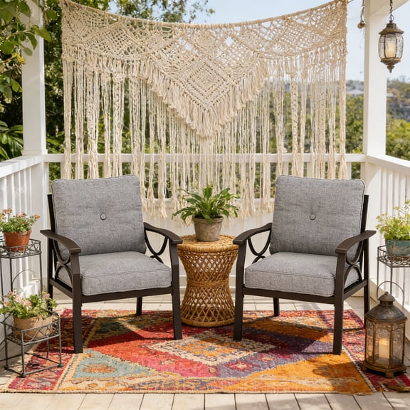 KIOOTTO 2-Pack Outdoor Armchair Set, All-Weather Metal Patio Chairs with Gray Cushions & Khaki Frame, Water-Resistant, Backyard, Garden Seating