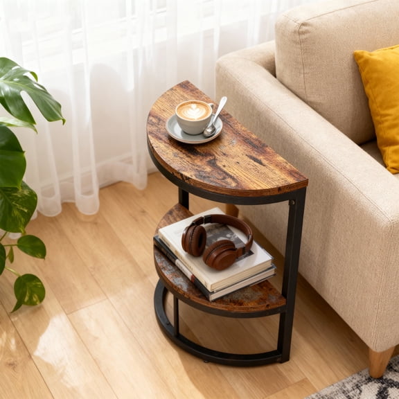 KIOOTTO 2-Tier Semi-Circle End Table: Tribesigns rustic, fits small spaces; half-moon design, 2-tier storage, sturdy with adjustable feet; easy assembly, versatile height for home use.