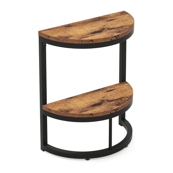 KIOOTTO Half-Round End Table with Lower Shelf, Rustic Brown and Black