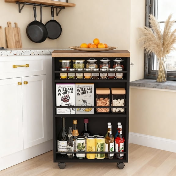 KIOOTTO 20" Slim 4-Tier Rolling Storage Cart, Narrow Brown & Black Laundry & Pantry Organizer with Wheels and Handle for Small Spaces