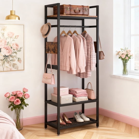 KIOOTTO 22.75" Freestanding Clothing Rack with Shelves & Hooks, Industrial Garment Rack Clothes Organizer with Shoe Storage for Bedroom Entryway, Rustic Brown