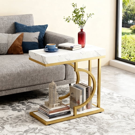 KIOOTTO 24" C-Shaped Side Table, Modern Gold & White Marble End Table that Slides Under Sofa and Bed, Small Space Laptop Table for Living Room