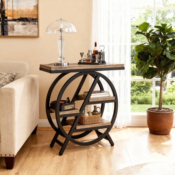 KIOOTTO 25.59" Narrow 3-Tier End Table (Grey & Black),Industrial-chic 3-tier table for compact spaces.,Grey particleboard + black metal frame, sleek look.