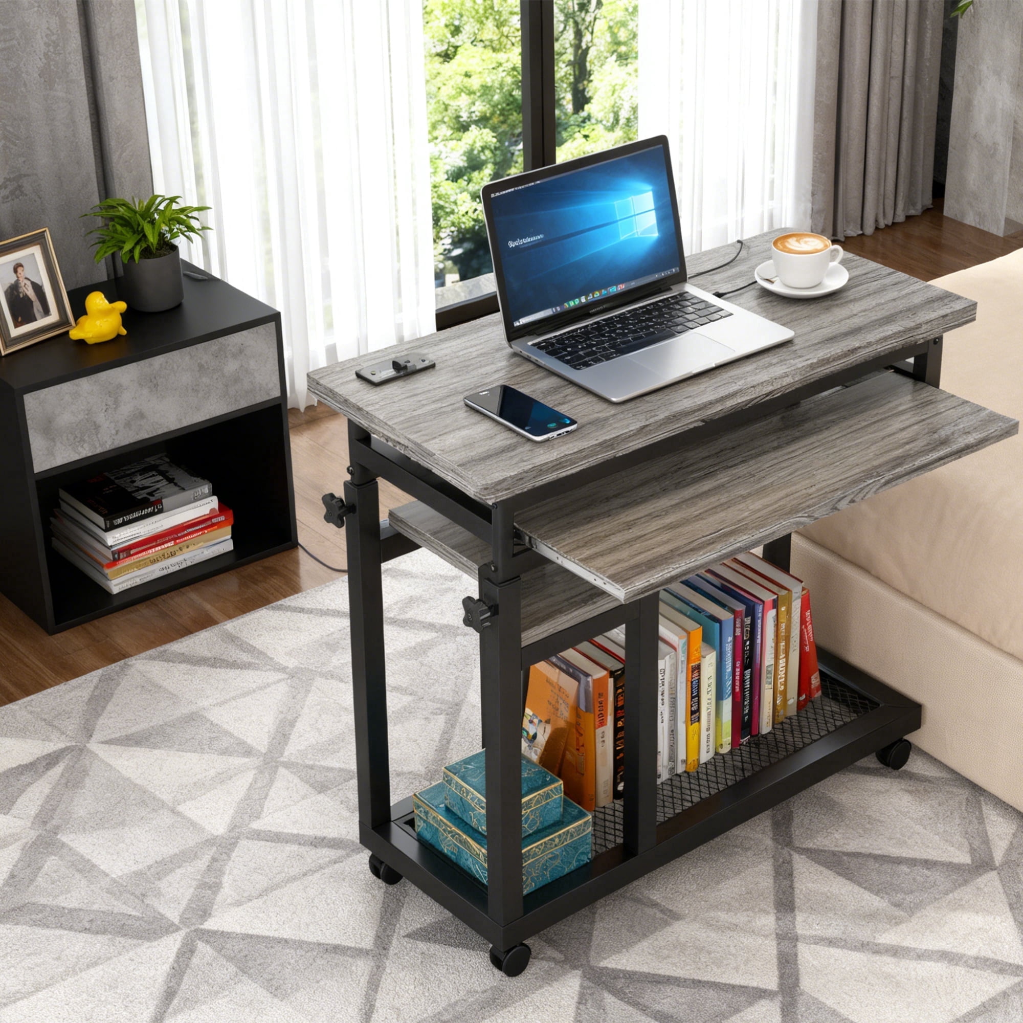 KIOOTTO Height Adjustable C-Shaped Mobile Desk with Power Outlet, USB Ports, Keyboard Tray and Wheels, Grey