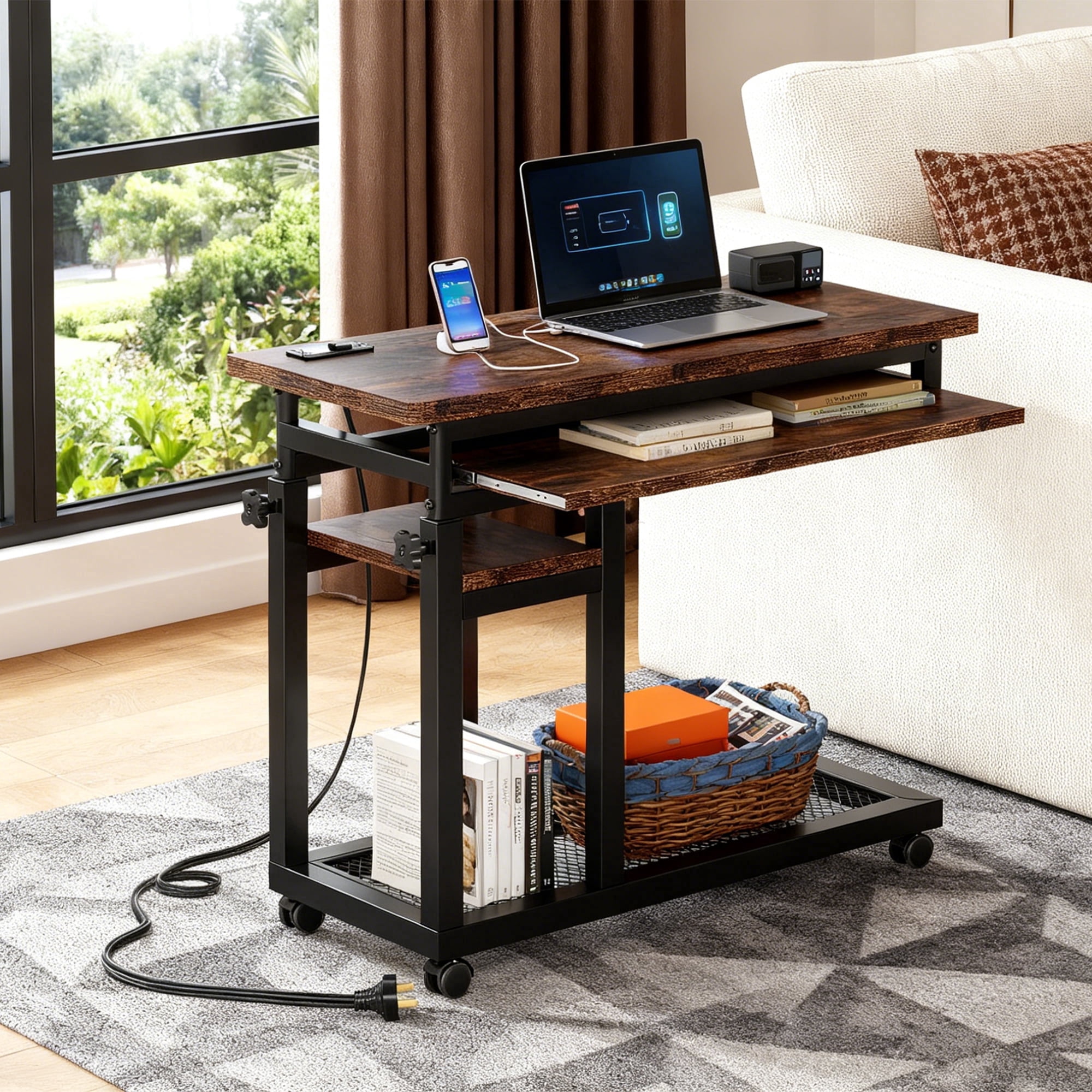 KIOOTTO Height Adjustable C-Shaped Mobile Desk with Power Outlet, USB Ports, Keyboard Tray and Wheels, Rustic Brown