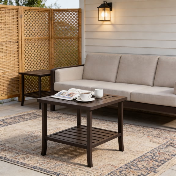 KIOOTTO 29" Square Slatted Patio Coffee Table, All-Weather Metal, Black, Modern Outdoor Side Table for Balcony, Small Space or Bistro Set