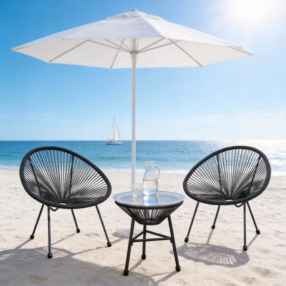 KIOOTTO 3-Piece Acapulco Patio Bistro Set, Black Wicker Egg Chairs with Tempered Glass Table, Small Outdoor Conversation Set for Balcony & Porch