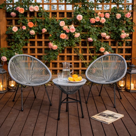 KIOOTTO 3-Piece Acapulco Patio Bistro Set, 2 Gray Wicker Chairs & Glass Table, Small Outdoor Dining Set or Balcony Furniture, All-Weather Rattan