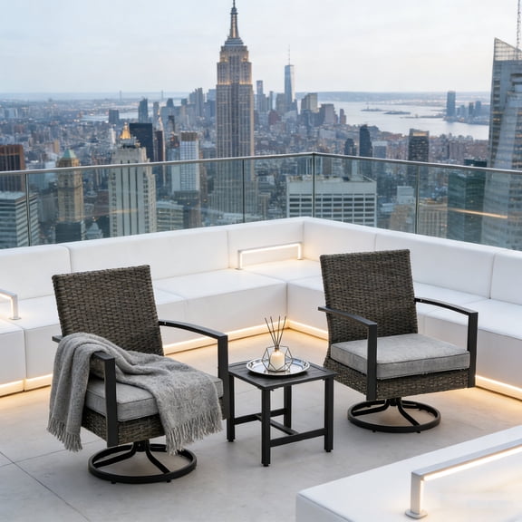 KIOOTTO 3-Piece Patio Bistro Set, Gray All-Weather Rattan, Includes 2 Swivel Rocker Chairs & Side Table with Cushions, for Small Balcony or Deck