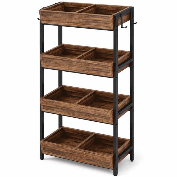 KIOOTTO 4-Tier Snack Display Rack with 8 Sections, Rustic Brown and Black