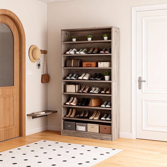 KIOOTTO 32 Inch Grey Shoe Cabinet with Doors, 9-Tier Extra Large Shoe Storage Organizer for 40-45 Pairs, Freestanding Tall Shoe Cupboard for Entryway, Mudroom, Garage