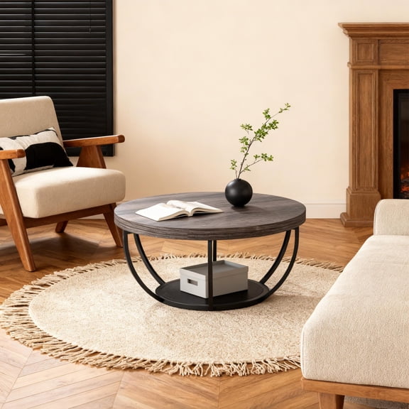 KIOOTTO 32 in Round Coffee Table, 2-Tier Gray Wood-Look Top with Metal Frame