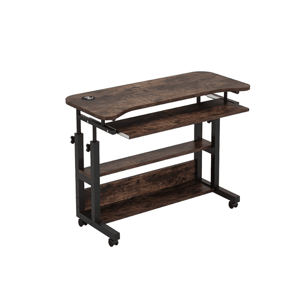 KIOOTTO Height Adjustable Rolling Desk with Keyboard Tray, Brown and Black