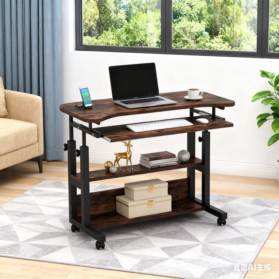 KIOOTTO 32 Portable Height-Adjustable Desk with Power Outlets: 27.55-42.91 range, wireless charging+USB; slide-in tray, lockable rollers; 18-month warranty+service, easy assembly.