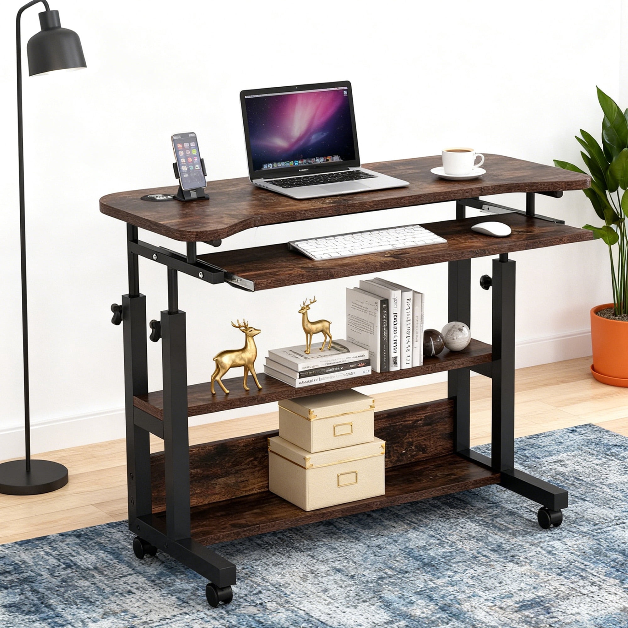 KIOOTTO Height Adjustable Mobile Desk with Power Outlet, Wireless Charging, Keyboard Tray and Locking Wheels, Walnut