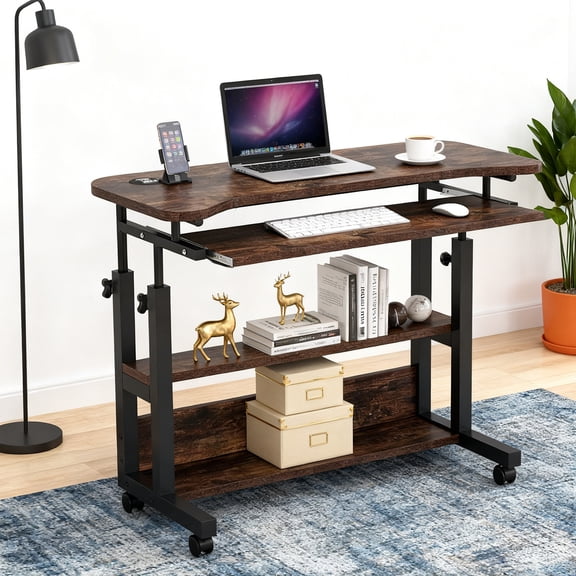 KIOOTTO 32 Portable Height-Adjustable Desk w/ Power: 27.55-42.91 height range, wireless charging, USB ports, slide-out keyboard tray, sturdy frame, lockable rollers, 18-month warranty.