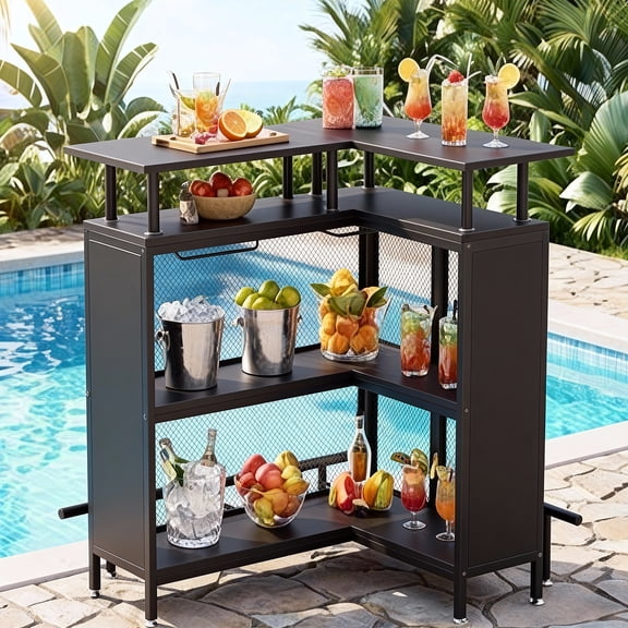 KIOOTTO L-Shaped Home Bar 4-Tier Shelves & Glass Racks Modern Corner Liquor Cabinet 36 x 48Farmhouse Bar Cabinet with Footrest Industrial Black Metal Mini Bar Table