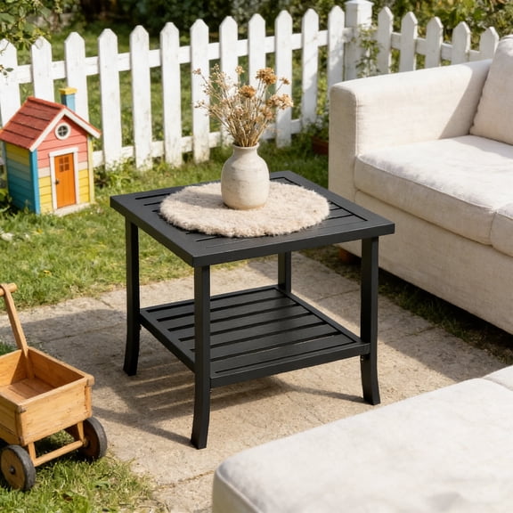 KIOOTTO 19" Square Outdoor Side Table, 2-Tier Black Metal Patio End Table, All-Weather Rust-Proof Small Coffee Table for Pool, Deck & Balcony