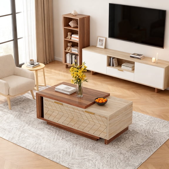 KIOOTTO 43 in Coffee Table with Hidden Storage, Walnut and Champagne Oak
