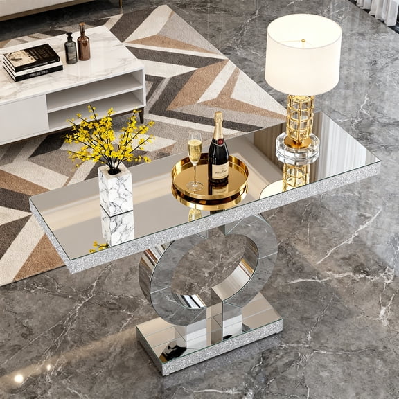 KIOOTTO 43.1" Sculptural Mirrored Console Table, Hand-Applied Stardust Crystal Inlay Entryway Sofa Table with Geometric Circular Pedestal, Luxury Reflection Series - Polished Rhodium Silver