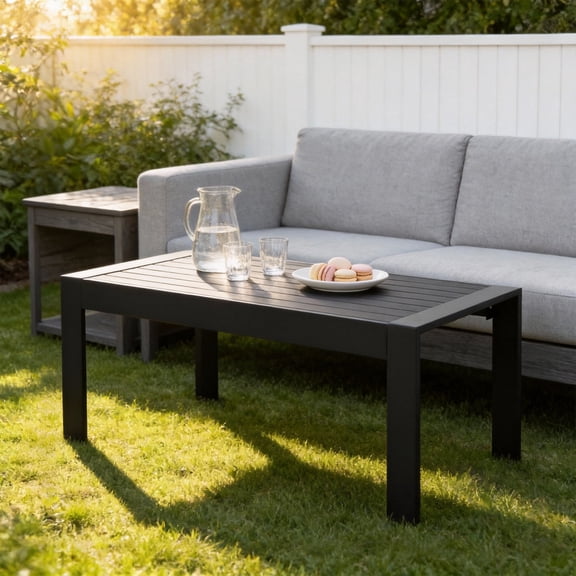 KIOOTTO 43 in Outdoor Coffee Table with WPC Slatted Top, Black Aluminum Frame