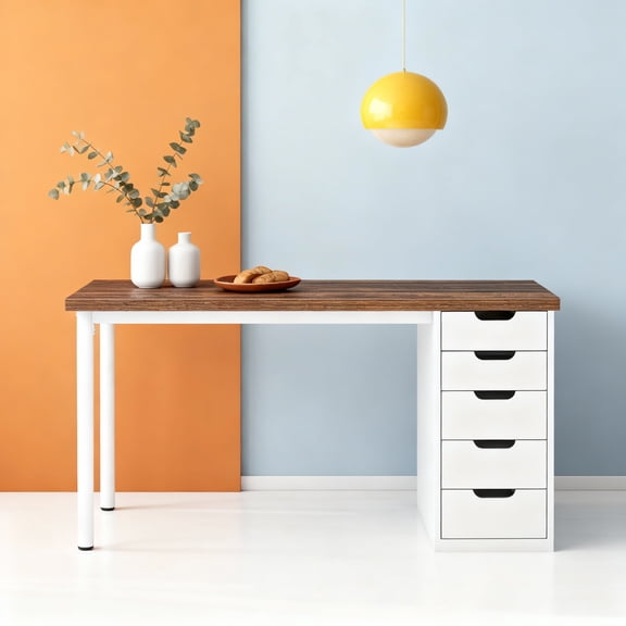 KIOOTTO 47" Computer Desk: 5 drawers, reversible cabinet, rustic brown & white finish. Modern storage desk for small-space home offices & study.