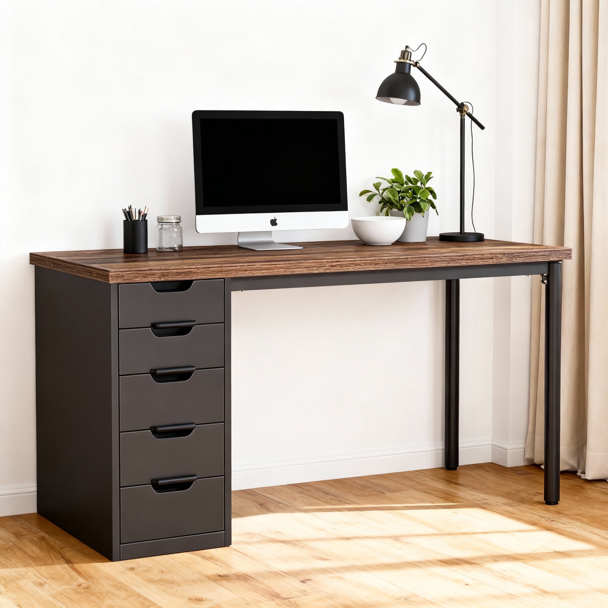 KIOOTTO 47" Computer Desk with 5 Drawers, Reversible Storage Cabinet and Compact Home Office Workstation, Brown