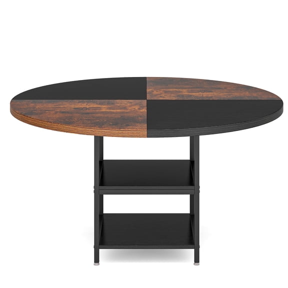 KIOOTTO 47" Round Dining Table with Storage Shelf for 4 People, Rustic Brown & Black Wood Top, Industrial Metal Legs, Large Kitchen & Living Room Table with Bottom Shelf, 2-Tone Finish