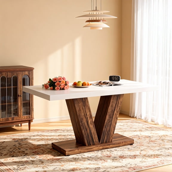 KIOOTTO 47-inch Farmhouse Dining Table for 4-6, White & Brown Kitchen Table with Heavy-Duty Pedestal Base, Rustic Wooden Dinner Table for Small Spaces, Apartments, Home Dining Room (Table Only)