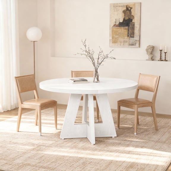 KIOOTTO 47" Oval Dining Table for 2-4, White Farmhouse Kitchen Table with Trestle Base