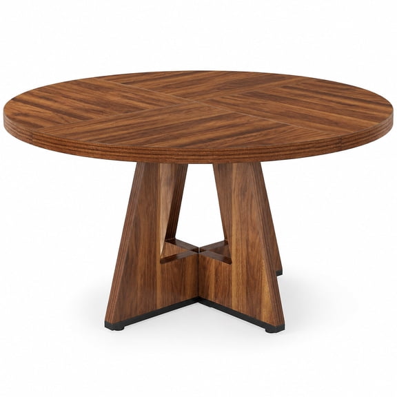 KIOOTTO Round Dining Table with Cross Pedestal Base, Brown