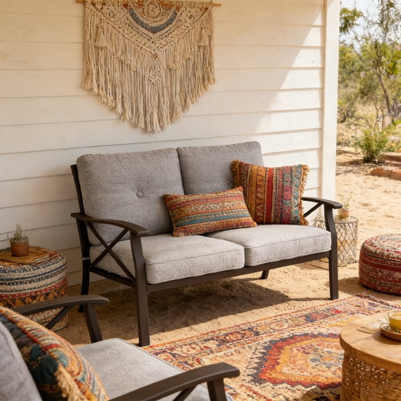 KIOOTTO 48" Outdoor Loveseat Sofa, All-Weather Khaki Metal 2-Seater with Gray Cushions, Patio Conversation Set for Garden, Yard, Water-Resistant